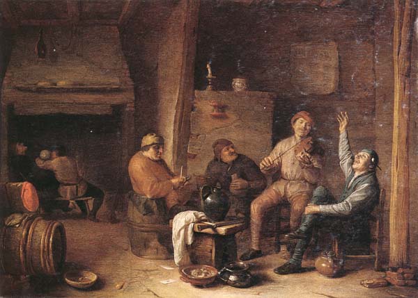A tavern interior with peasants drinking and making music